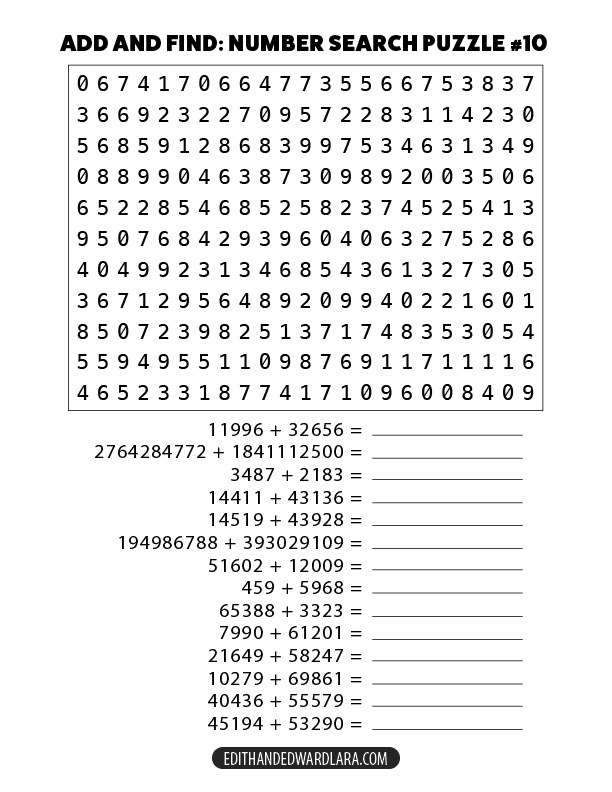 Add and Find: Number Search Puzzle Number 10