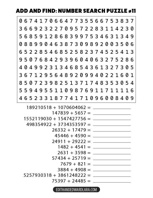 Add and Find: Number Search Puzzle Number 11