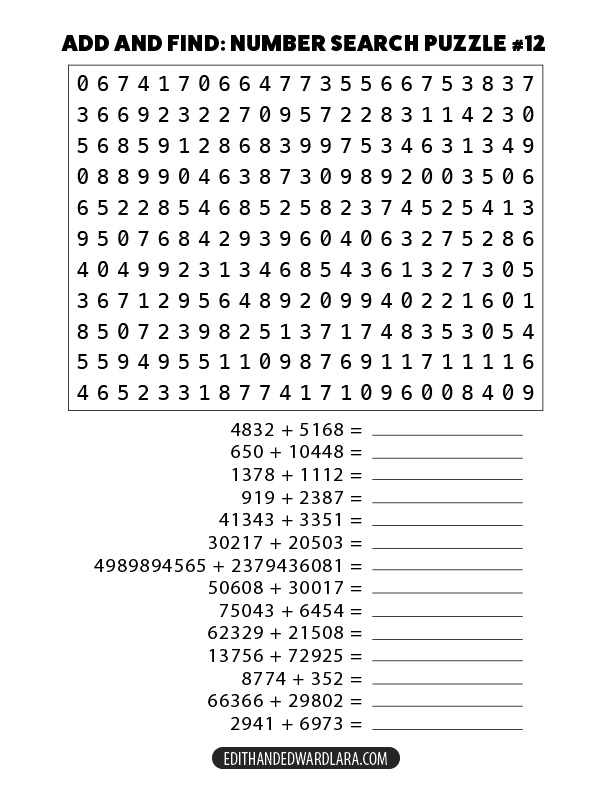 Add and Find: Number Search Puzzle Number 12