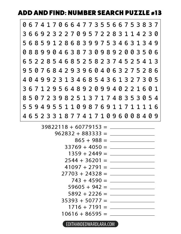 Add and Find: Number Search Puzzle Number 13