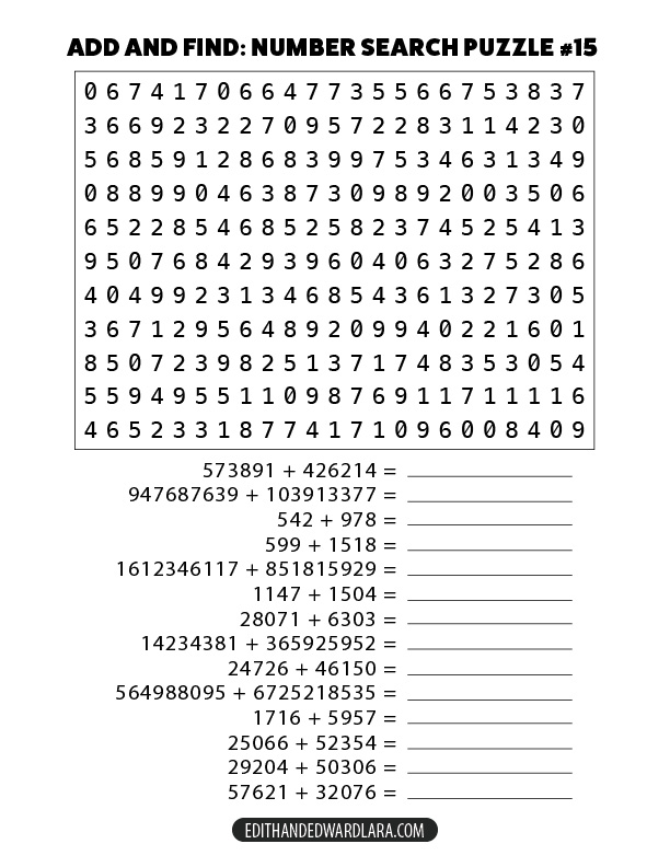 Add and Find: Number Search Puzzle Number 15