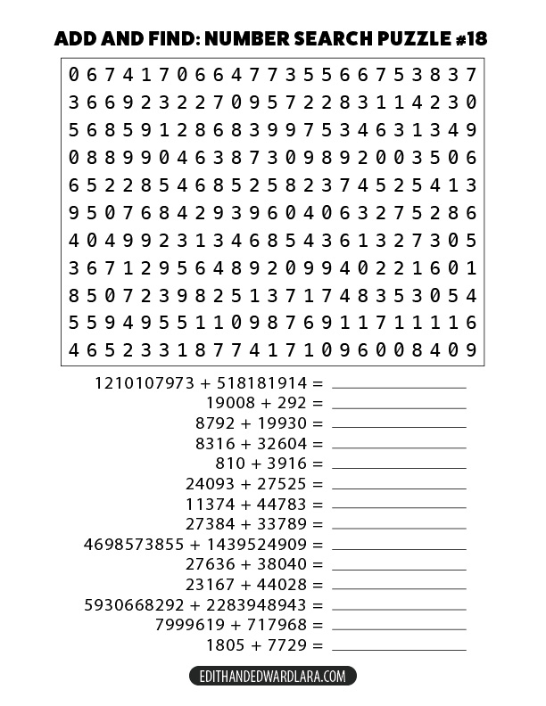 Add and Find: Number Search Puzzle Number 18