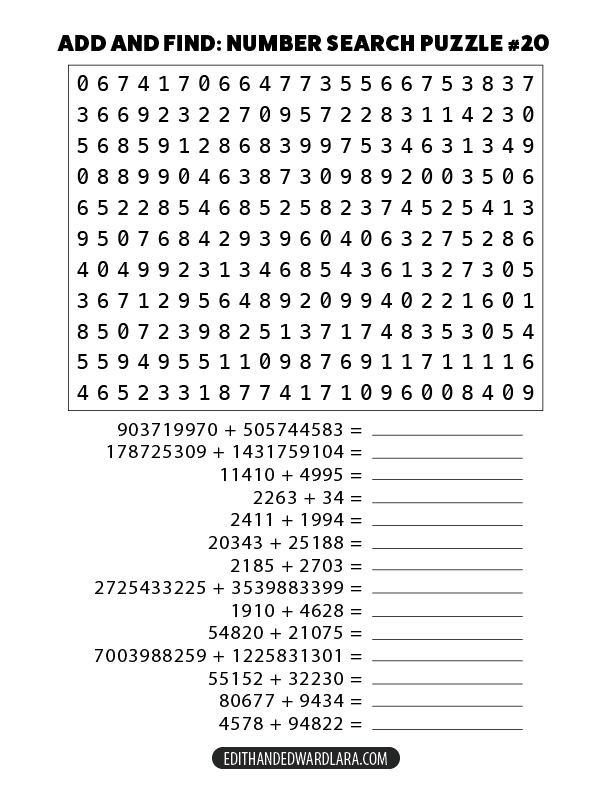 Add and Find: Number Search Puzzle Number 20