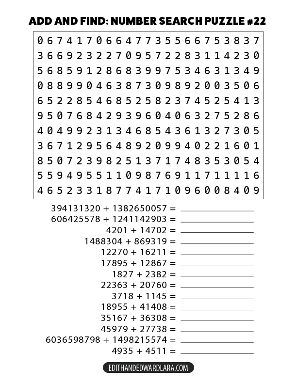 Add and Find: Number Search Puzzle Number 22