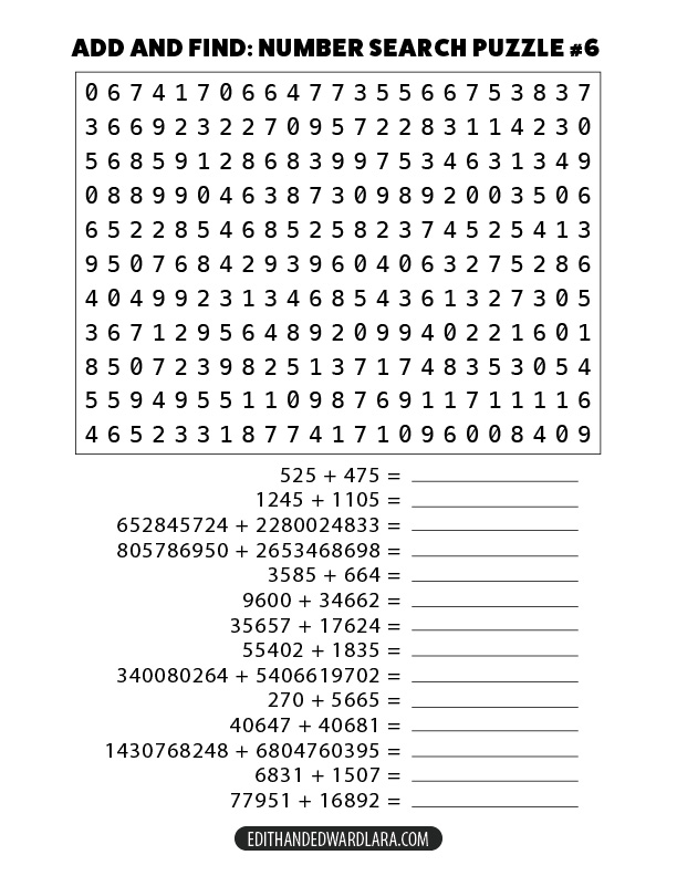 Add and Find: Number Search Puzzle Number 6