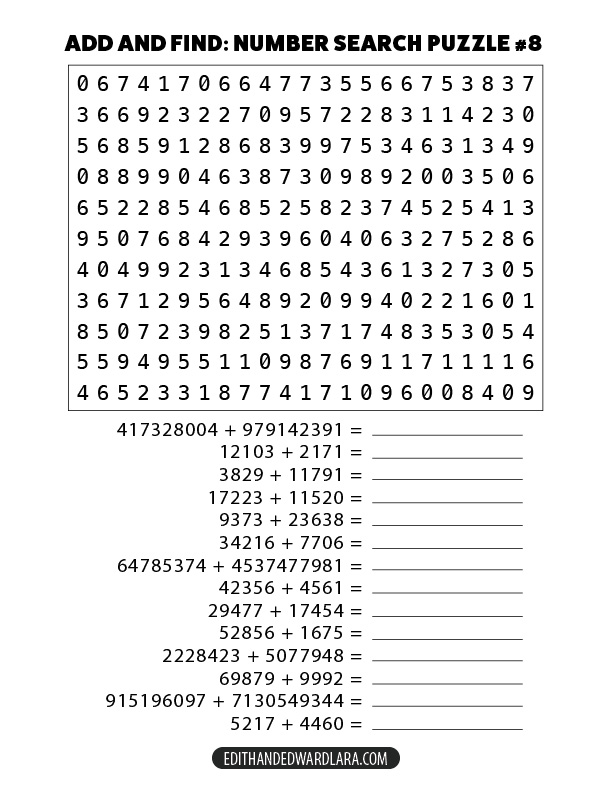 Add and Find: Number Search Puzzle Number 8