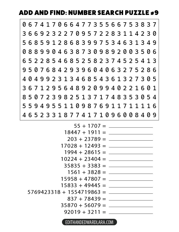 Add and Find: Number Search Puzzle Number 9