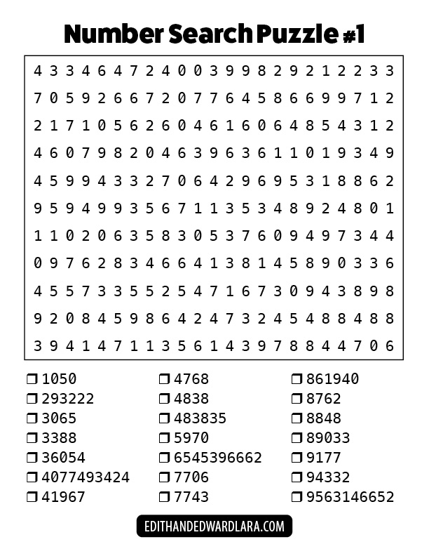 Number Search Puzzle Number 1