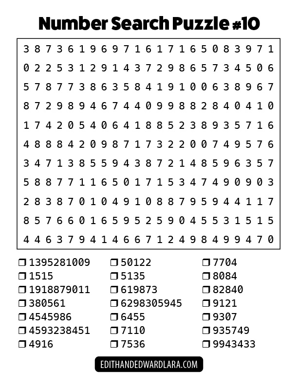 Number Search Puzzle Number 10