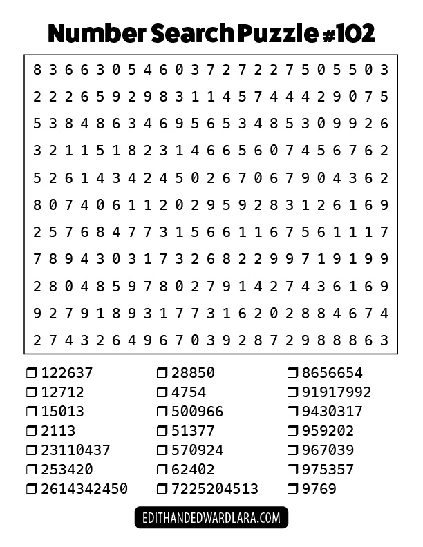 Number Search Puzzle Number 102