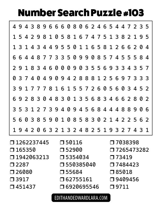 Number Search Puzzle Number 103