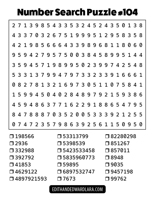Number Search Puzzle Number 104