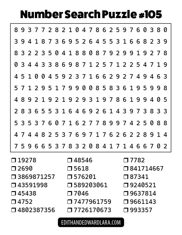 Number Search Puzzle Number 105