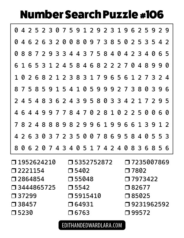 Number Search Puzzle Number 106