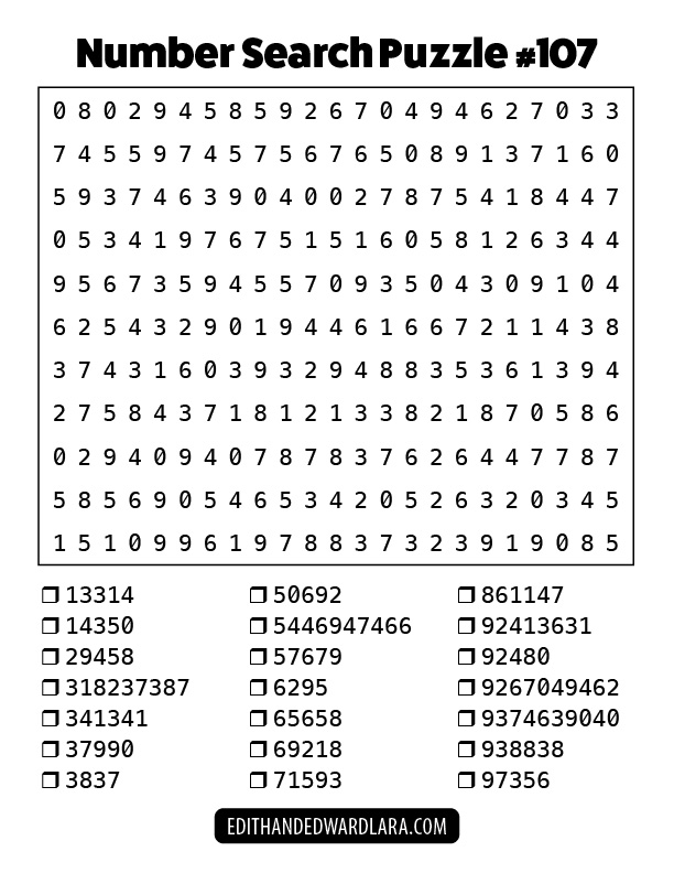 Number Search Puzzle Number 107