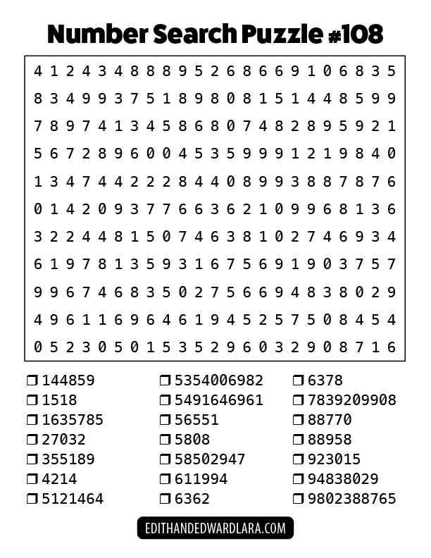 Number Search Puzzle Number 108
