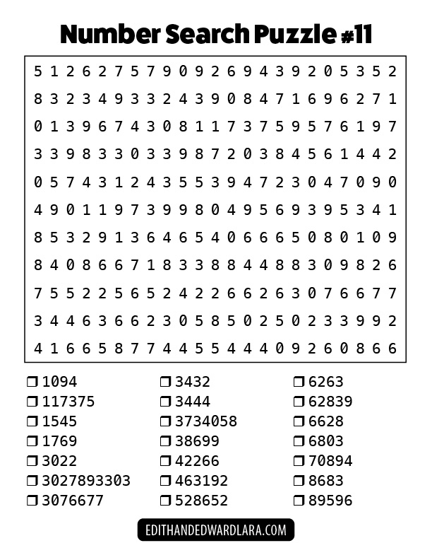 Number Search Puzzle Number 11