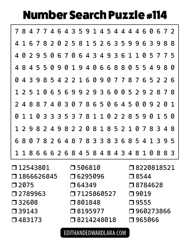 Number Search Puzzle Number 114