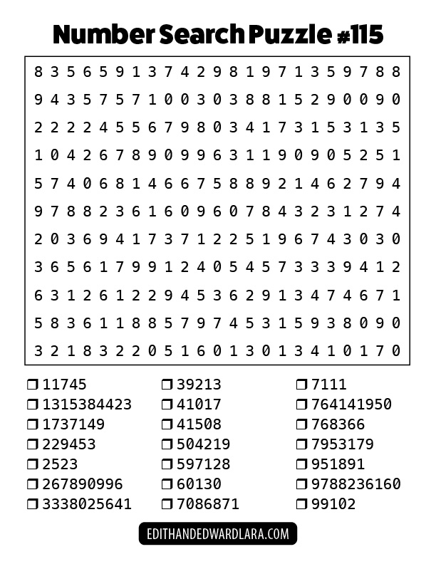 Number Search Puzzle Number 115