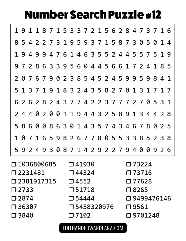 Number Search Puzzle Number 12