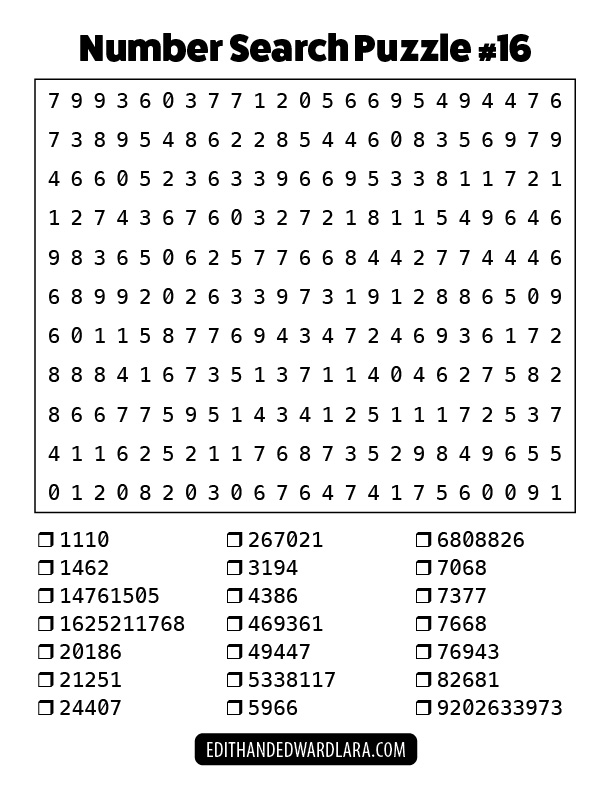 Number Search Puzzle Number 16