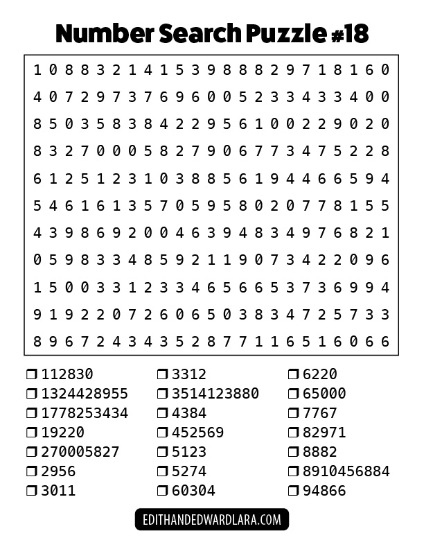 Number Search Puzzle Number 18