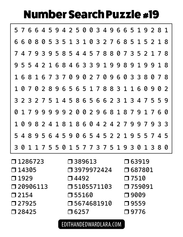 Number Search Puzzle Number 19