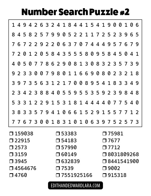 Number Search Puzzle Number 2