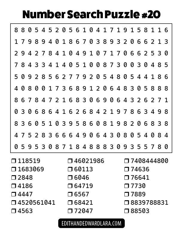 Number Search Puzzle Number 20