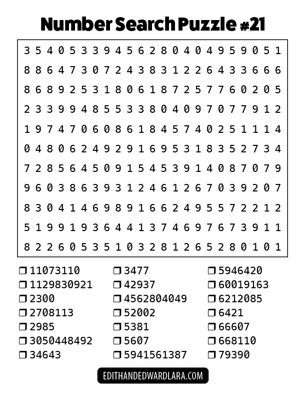 Number Search Puzzle Number 21