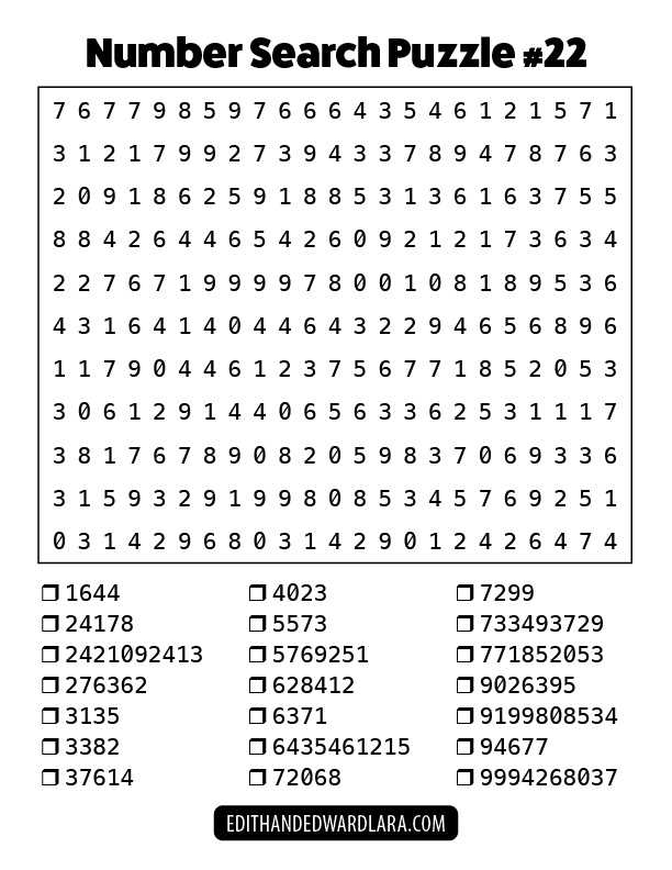 Number Search Puzzle Number 22