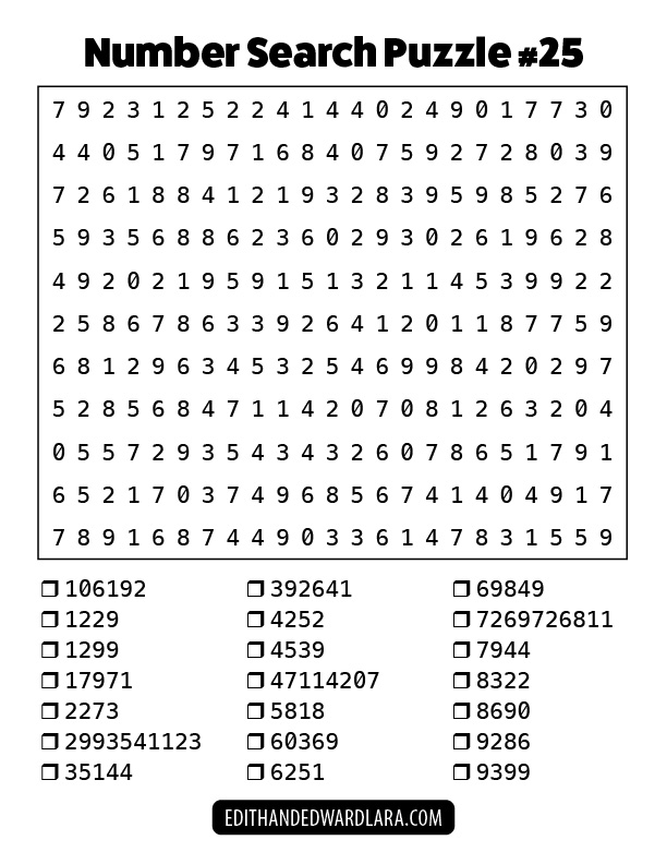 Number Search Puzzle Number 25