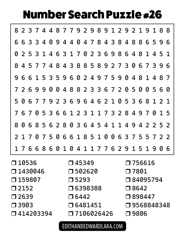 Number Search Puzzle Number 26