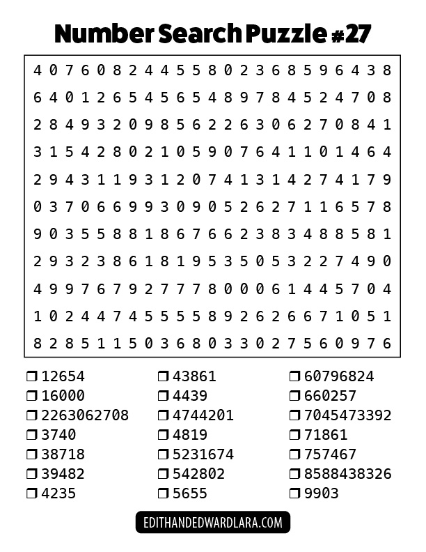 Number Search Puzzle Number 27