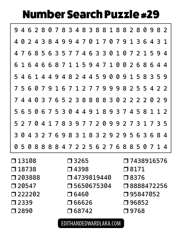 Number Search Puzzle Number 29