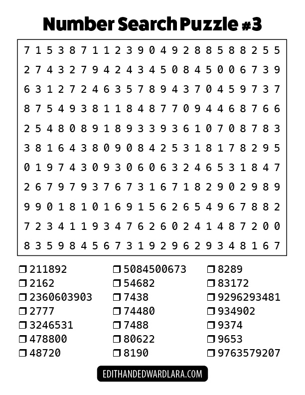 Number Search Puzzle Number 3
