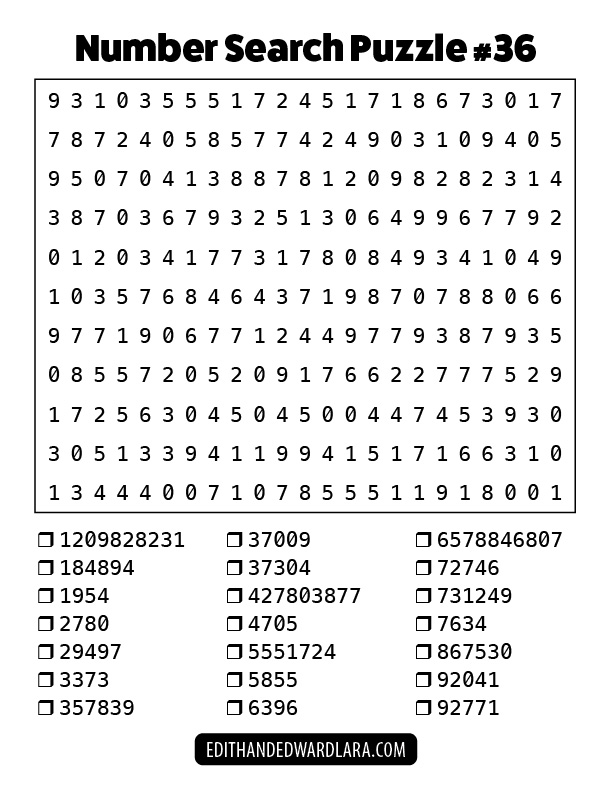 Number Search Puzzle Number 36