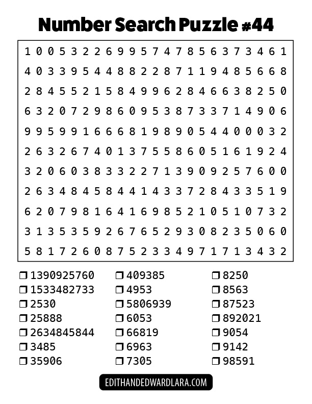 Number Search Puzzle Number 44