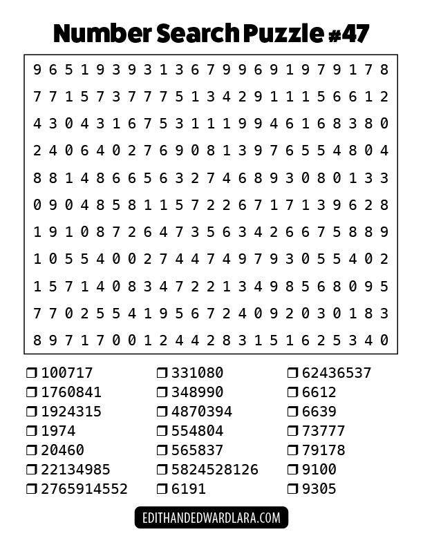 Number Search Puzzle Number 47