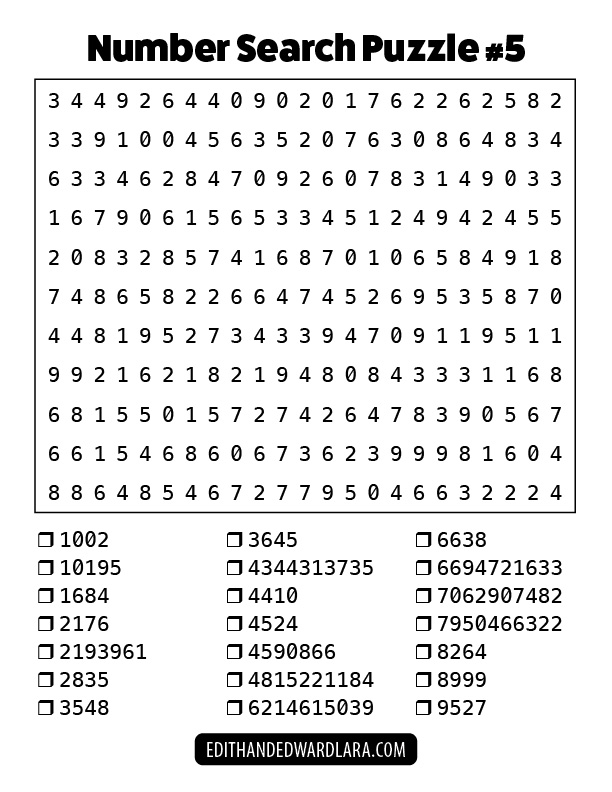 Number Search Puzzle Number 5