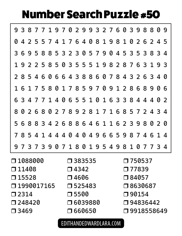 Number Search Puzzle Number 50