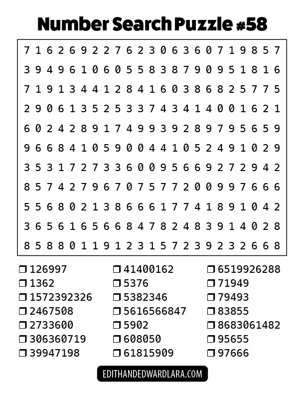 Number Search Puzzle Number 58