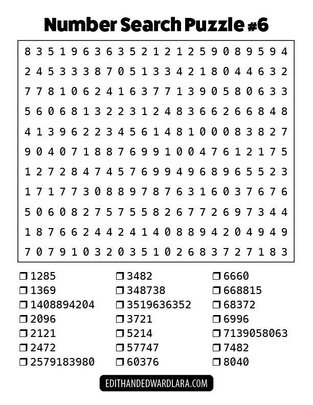 Number Search Puzzle Number 6