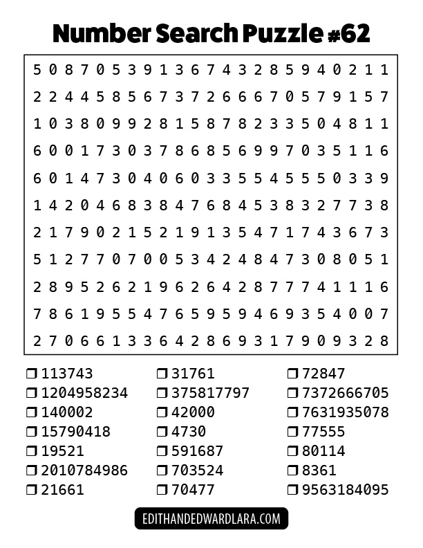 Number Search Puzzle Number 62