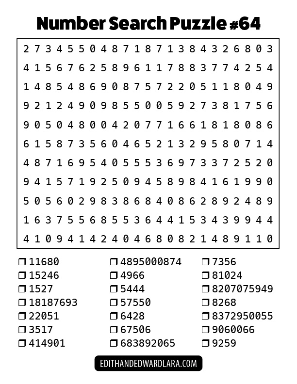 Number Search Puzzle Number 64