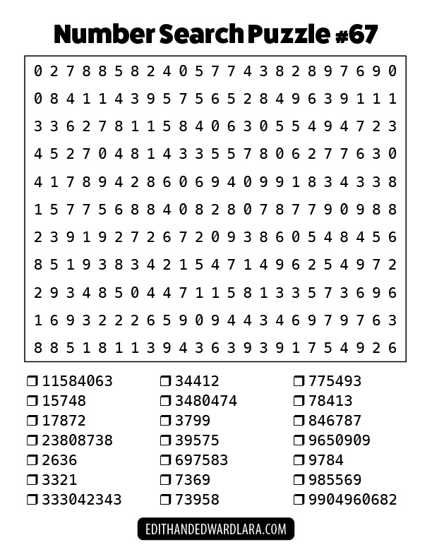 Number Search Puzzle Number 67