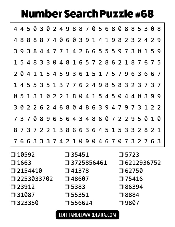 Number Search Puzzle Number 68