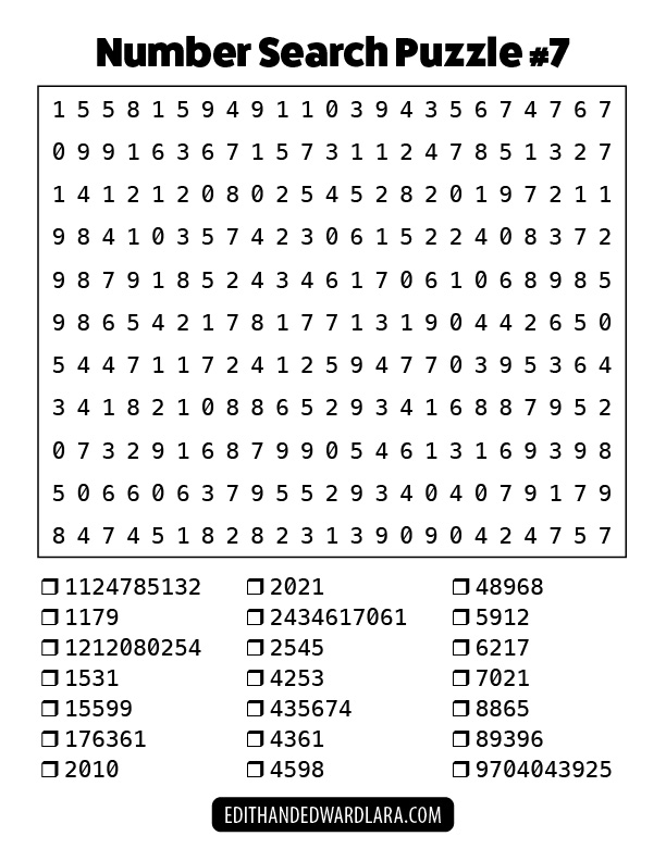Number Search Puzzle Number 7