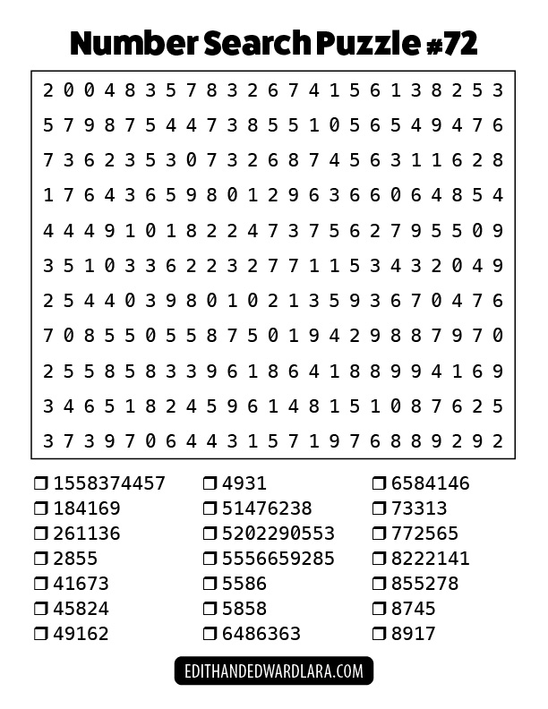 Number Search Puzzle Number 72