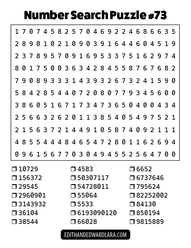 Number Search Puzzle Number 73